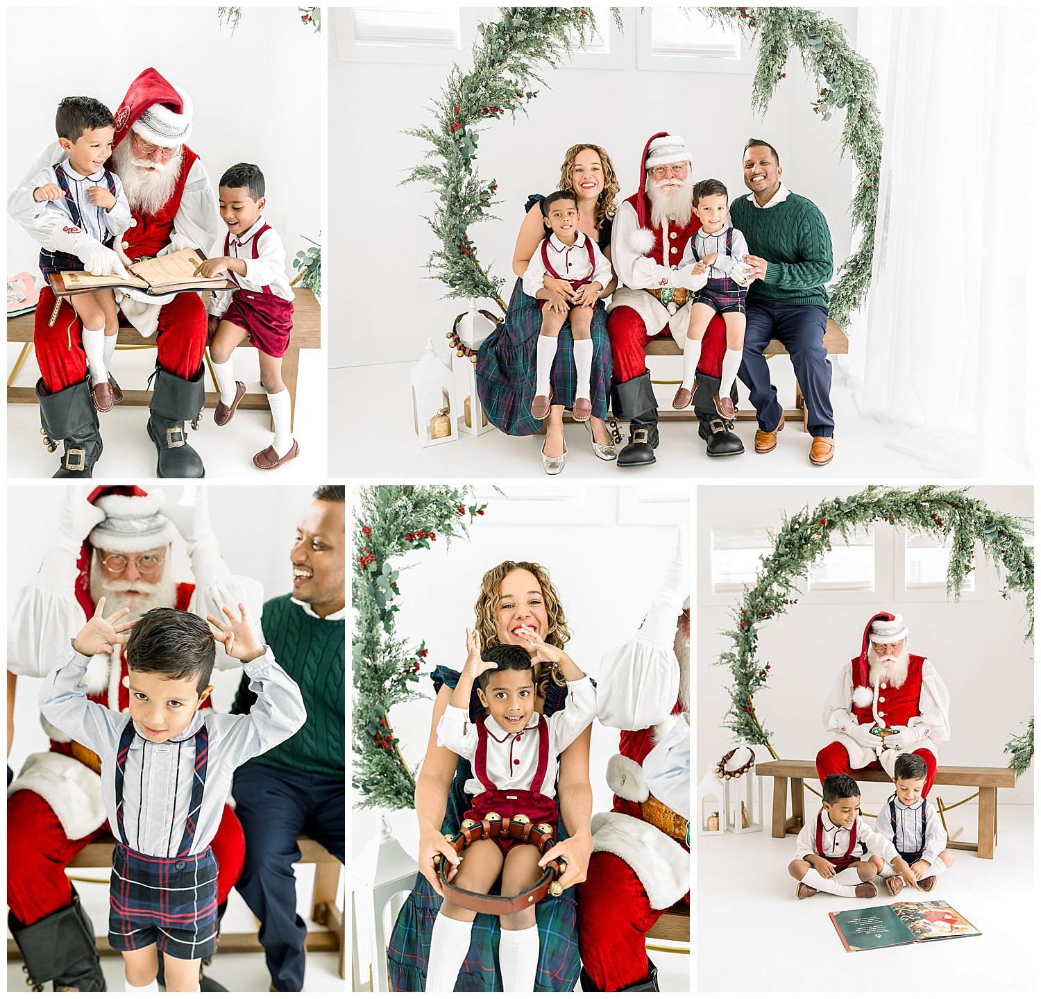 family of 4 visiting and reading with santa for santa photos