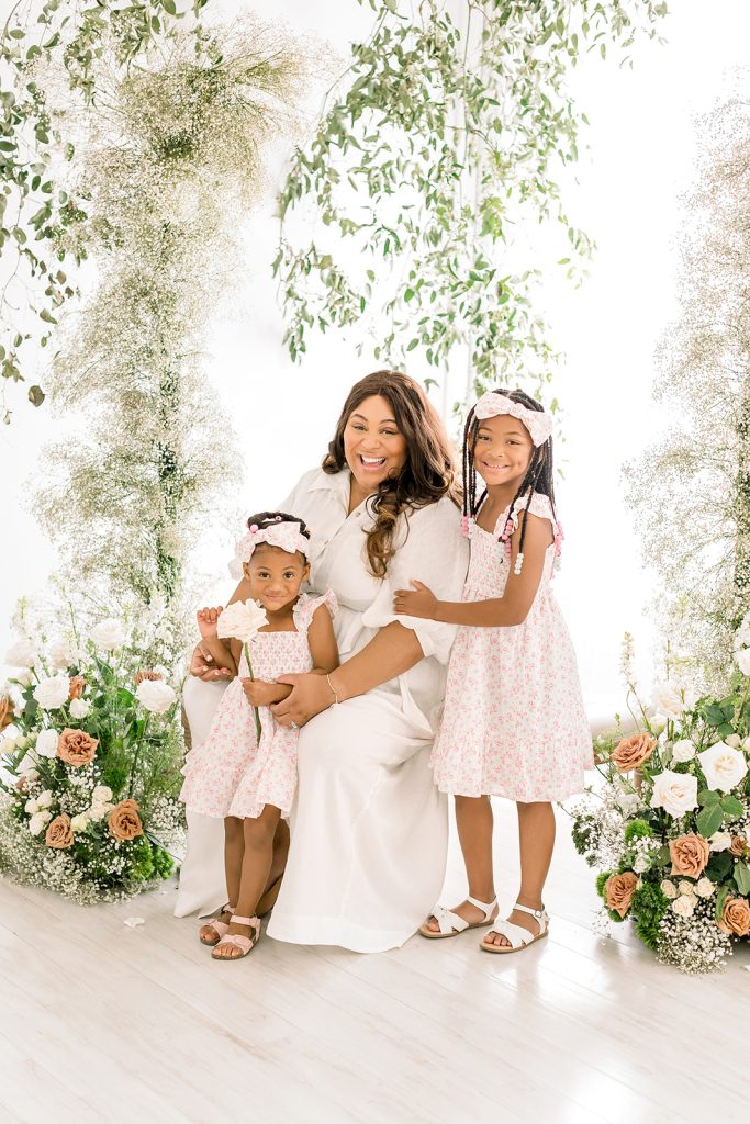 children with mom and florals