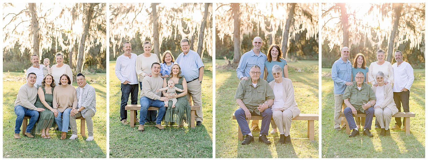 extended family portraits in front of oak trees